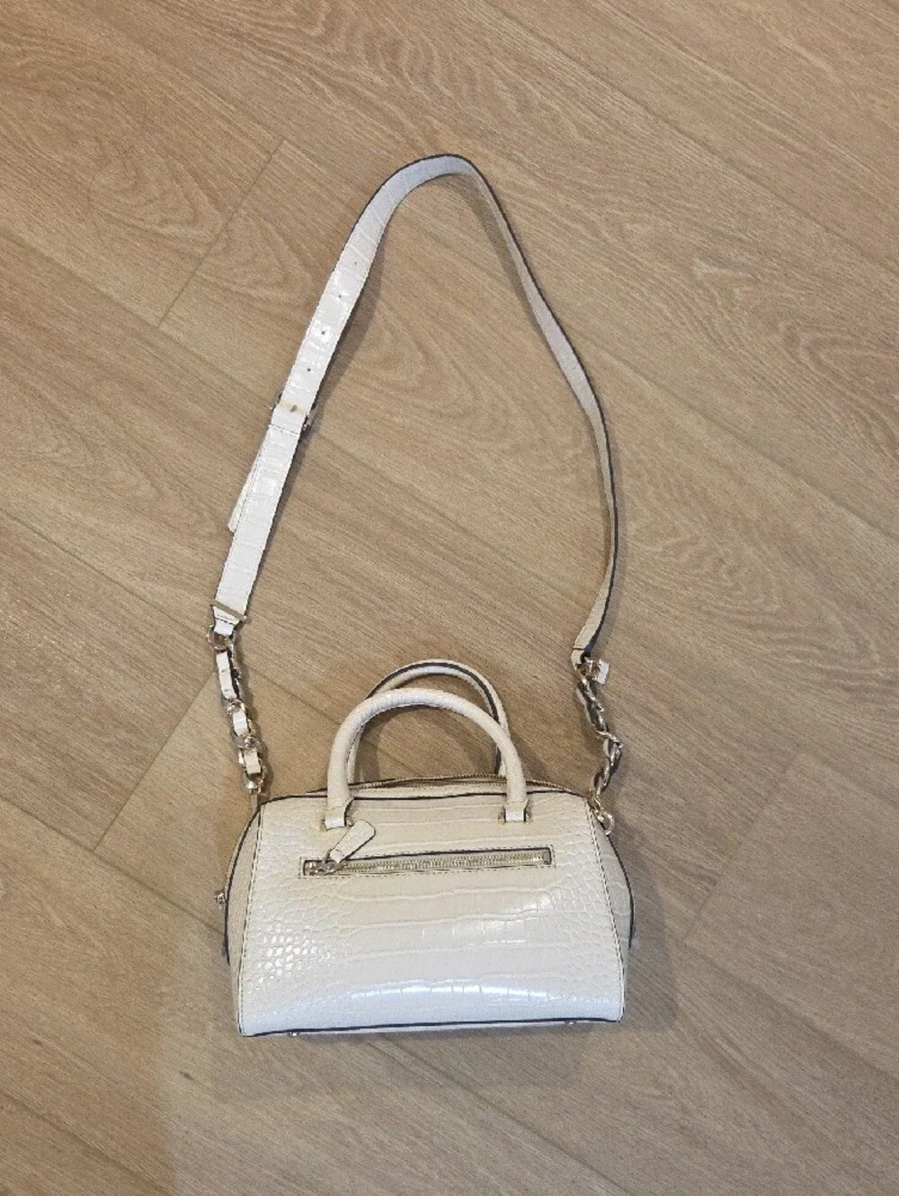 GUESS Cream Croc-Embossed Satchel with Red & Brown Center Stripe